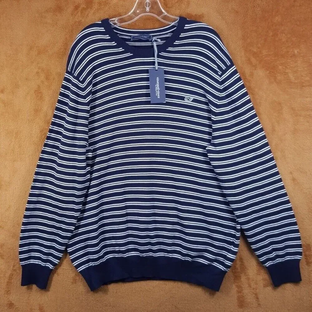 VINEYARD VINES Sweater Mens XL Navy Stripe Pullover Crew Nautical Whale Logo